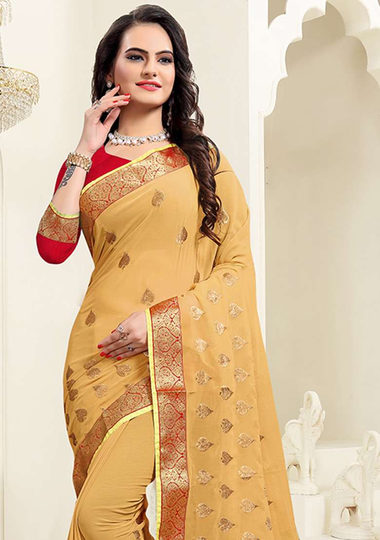 Chiku Georgette Saree Set with Embroidery for Diwali | Wedding & Festive Wear - Indya
