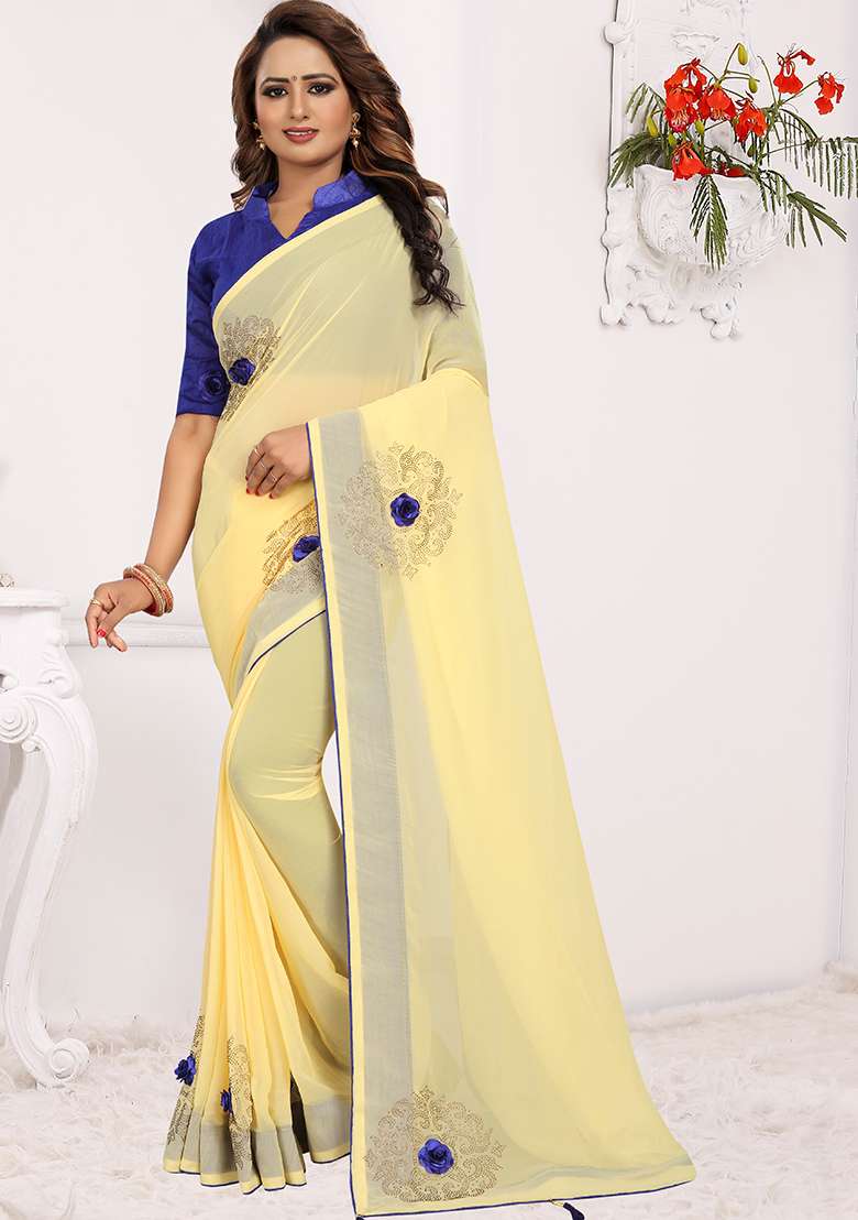 Yellow Georgette Saree Set with Embroidery for Diwali | Wedding & Festive Wear - Indya