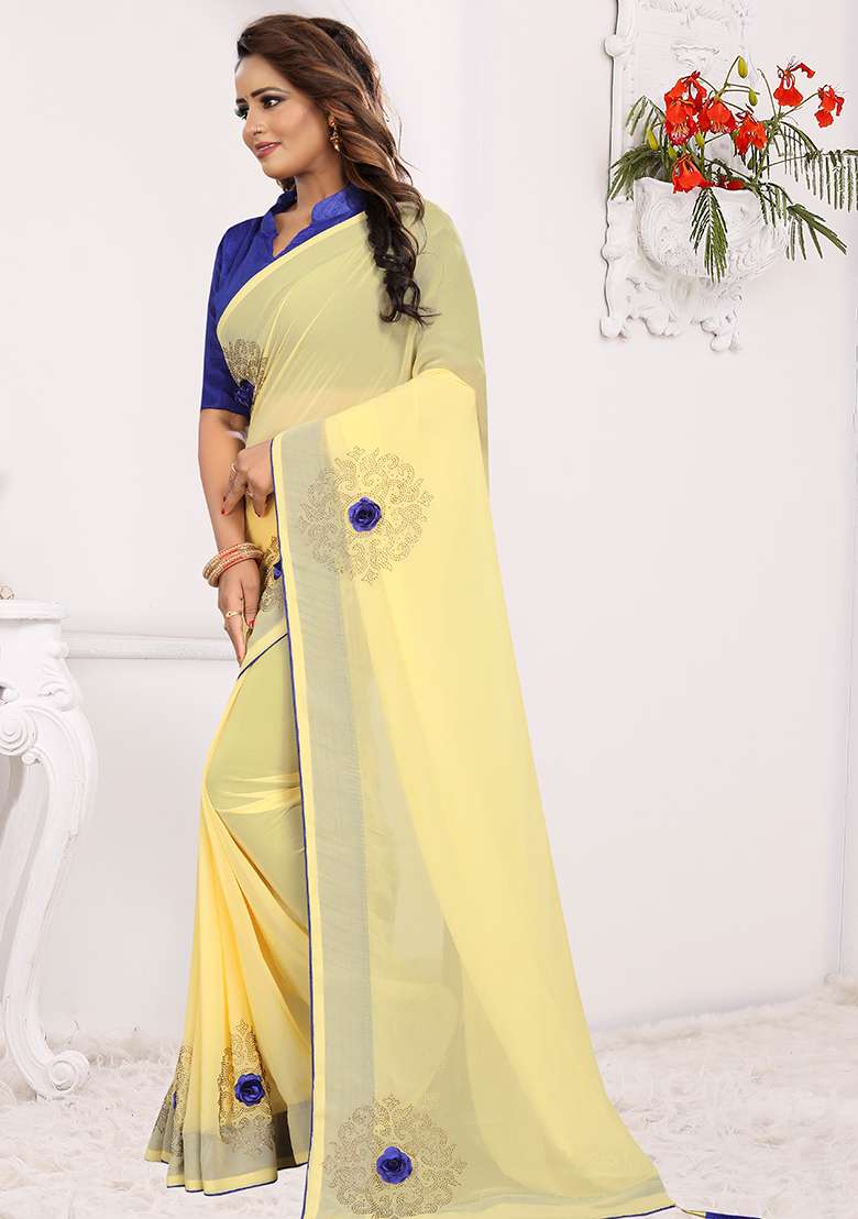 Yellow Georgette Saree Set with Embroidery for Diwali | Wedding & Festive Wear - Indya