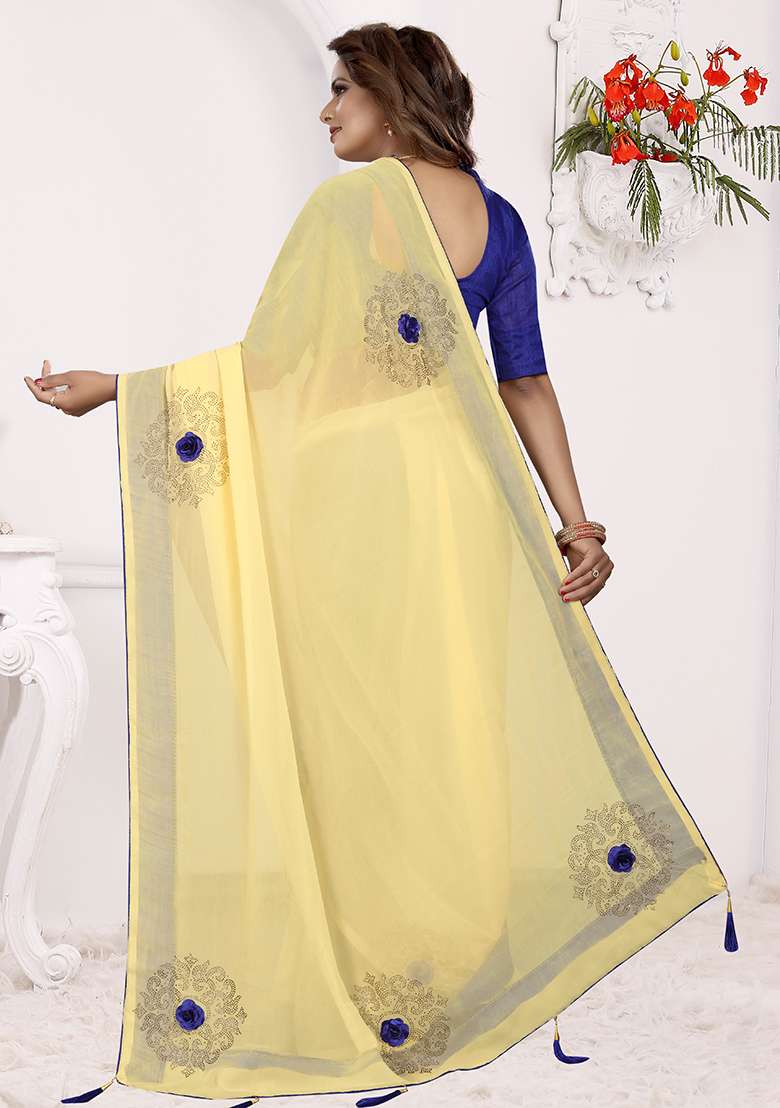 Yellow Georgette Saree Set with Embroidery for Diwali | Wedding & Festive Wear - Indya