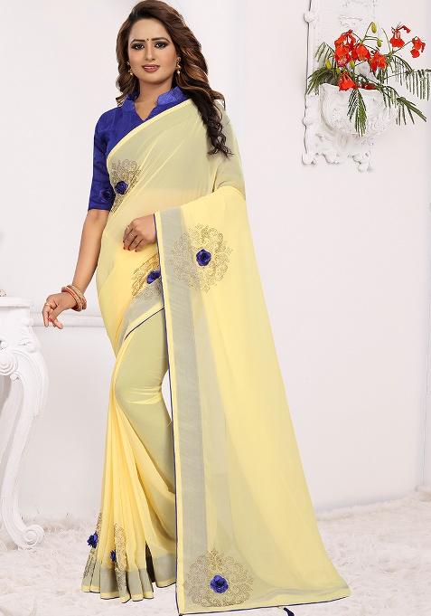 Yellow Embroidery Georgette Saree Set