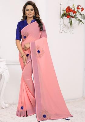 Peach Embroidery Georgette Saree Set