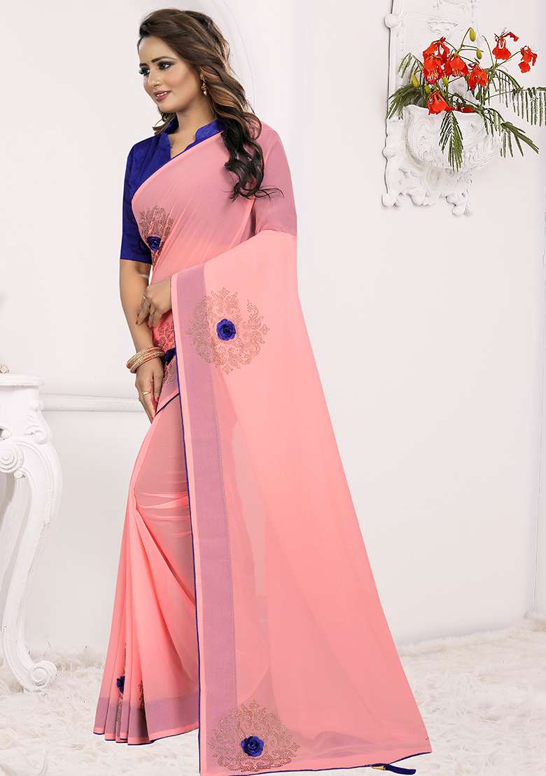 Peach Georgette Saree Set with Embroidery for Diwali | Wedding & Festive Wear - Indya
