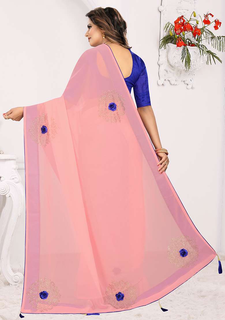 Peach Georgette Saree Set with Embroidery for Diwali | Wedding & Festive Wear - Indya