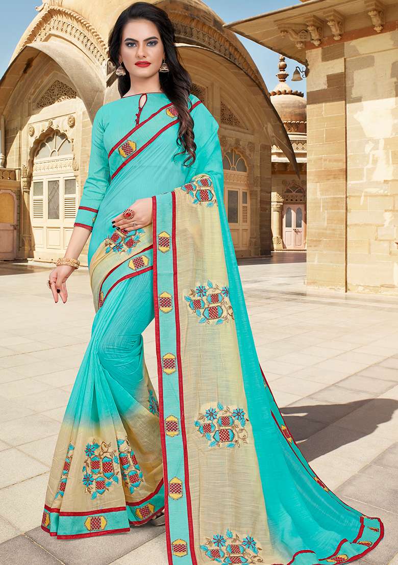 Sky Yellow Embroidery Silk Blend Saree Set for Diwali and Festive Wear - Indya