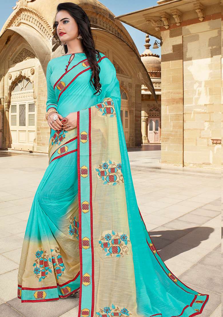 Sky Yellow Embroidery Silk Blend Saree Set for Diwali and Festive Wear - Indya