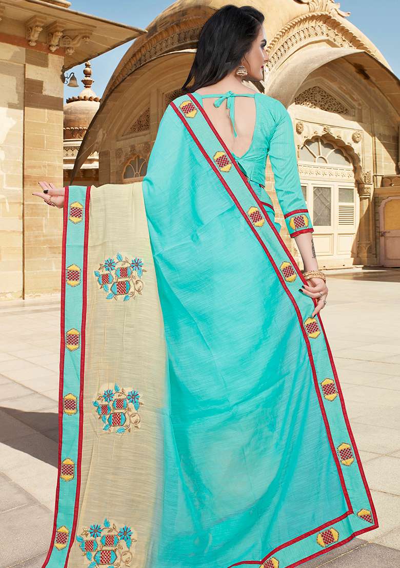 Sky Yellow Embroidery Silk Blend Saree Set for Diwali and Festive Wear - Indya