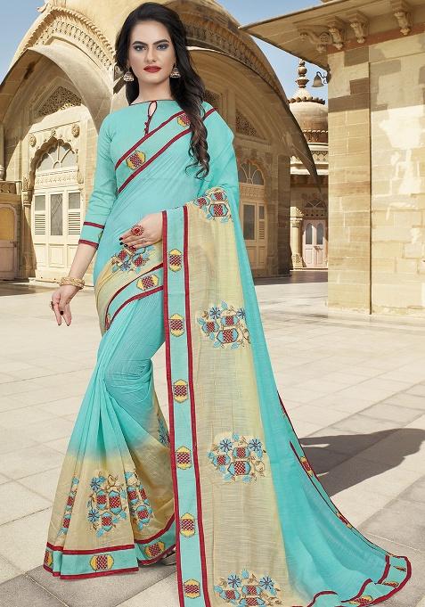 Sky Yellow Embroidery Silk Saree Set