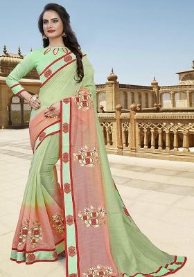 Pista Peach Embroidery Silk Saree Set