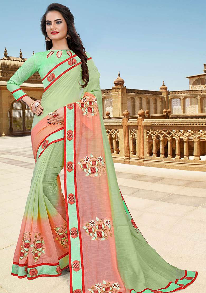 Pista Peach Embroidery Silk Blend Saree Set for Diwali and Festive Wear - Indya
