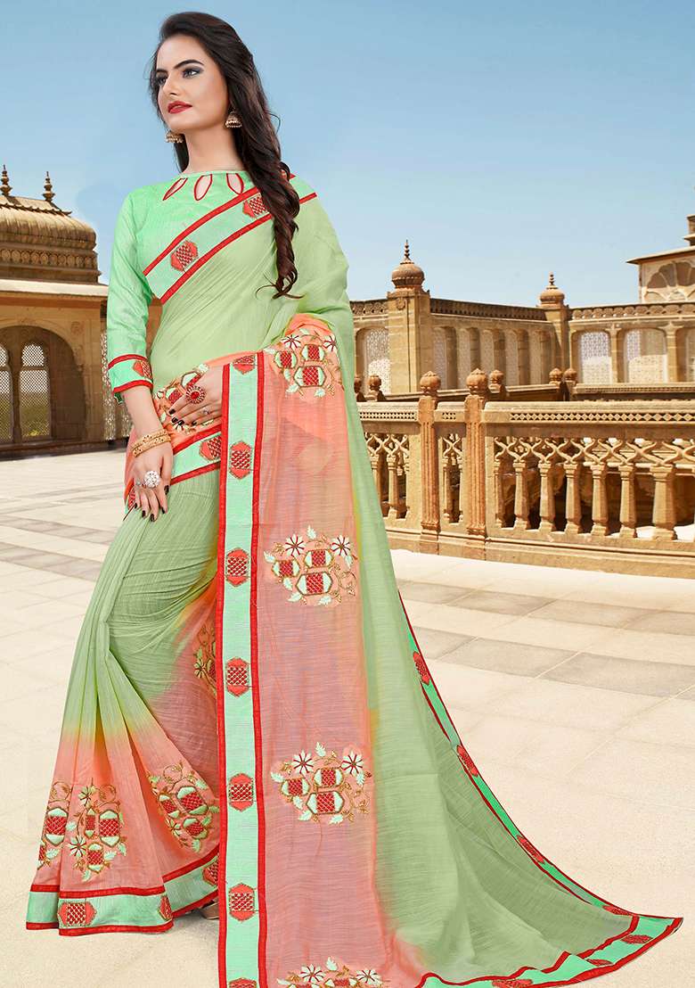 Pista Peach Embroidery Silk Blend Saree Set for Diwali and Festive Wear - Indya