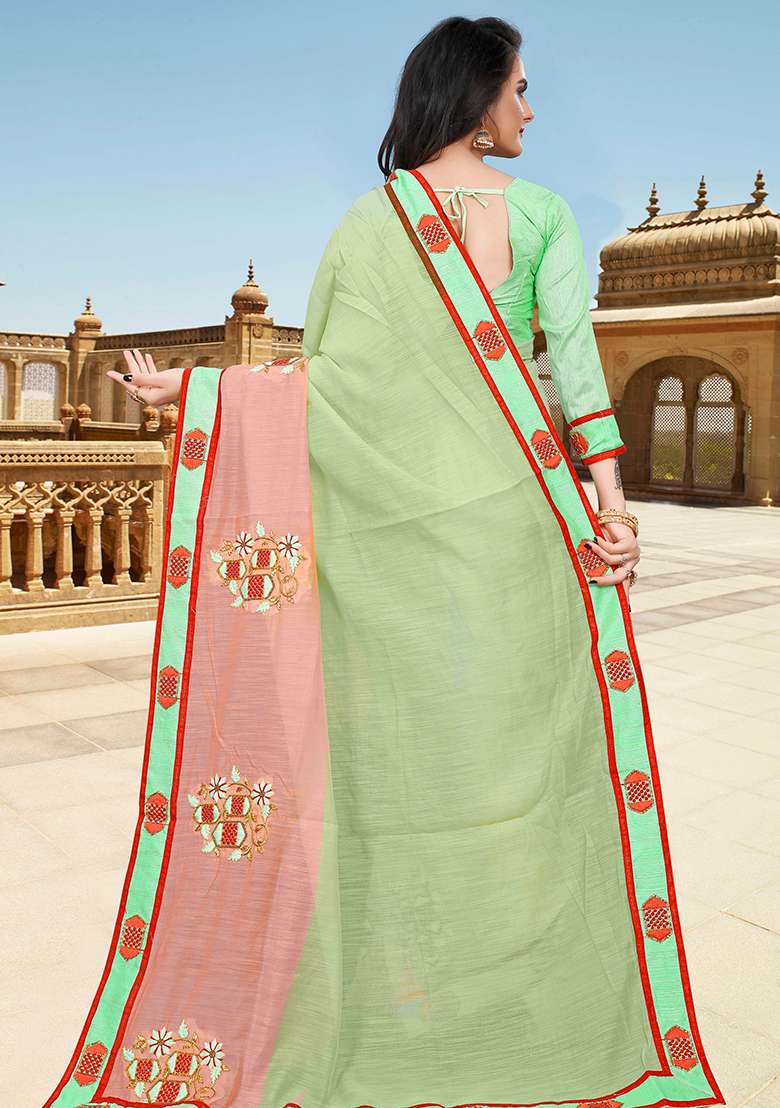Pista Peach Embroidery Silk Blend Saree Set for Diwali and Festive Wear - Indya