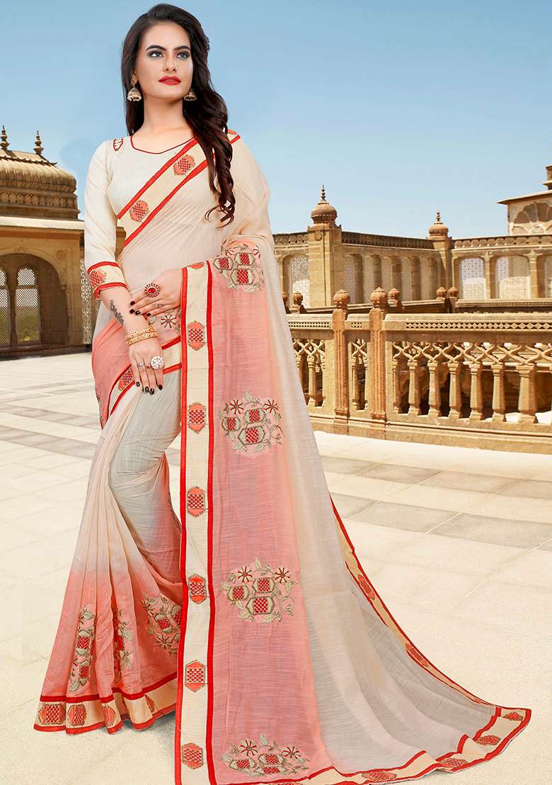 Cream Peach Embroidery Silk Blend Saree Set for Diwali and Festive Wear - Indya
