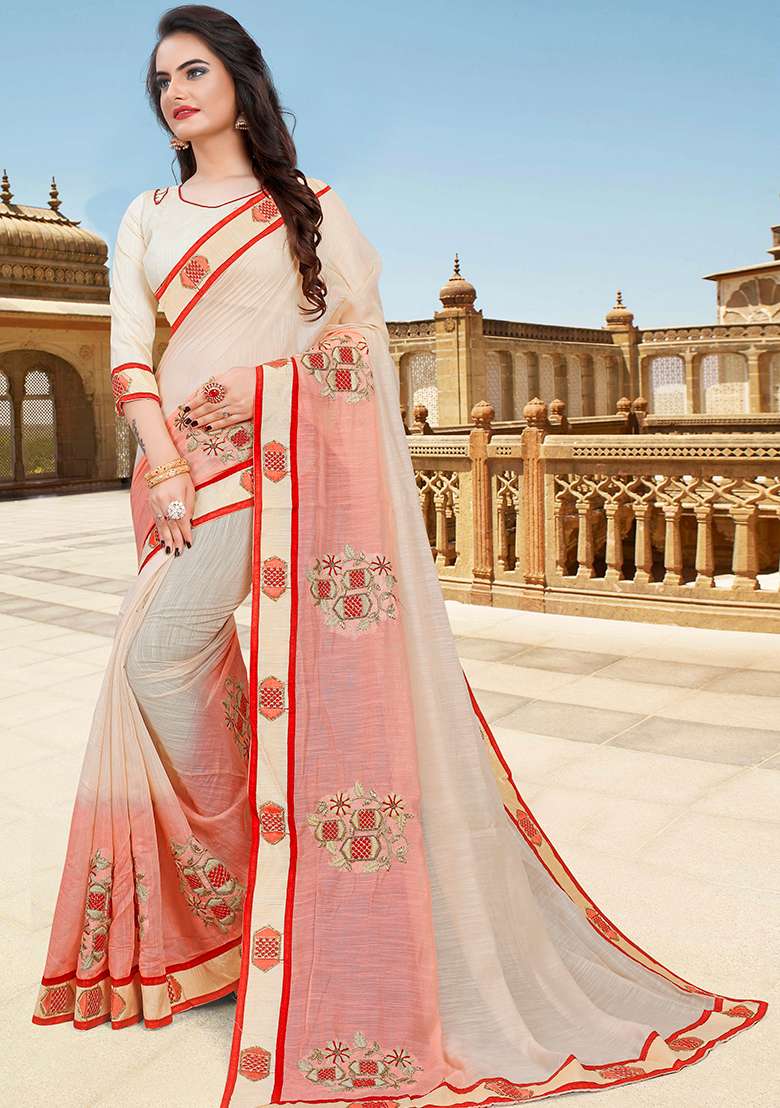 Cream Peach Embroidery Silk Blend Saree Set for Diwali and Festive Wear - Indya