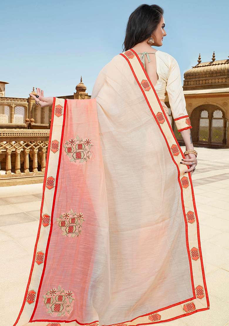 Cream Peach Embroidery Silk Blend Saree Set for Diwali and Festive Wear - Indya