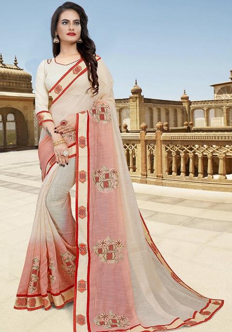 Cream Peach Embroidery Silk Saree Set