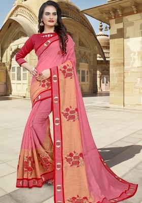 Gajari Peach Embroidery Silk Saree Set