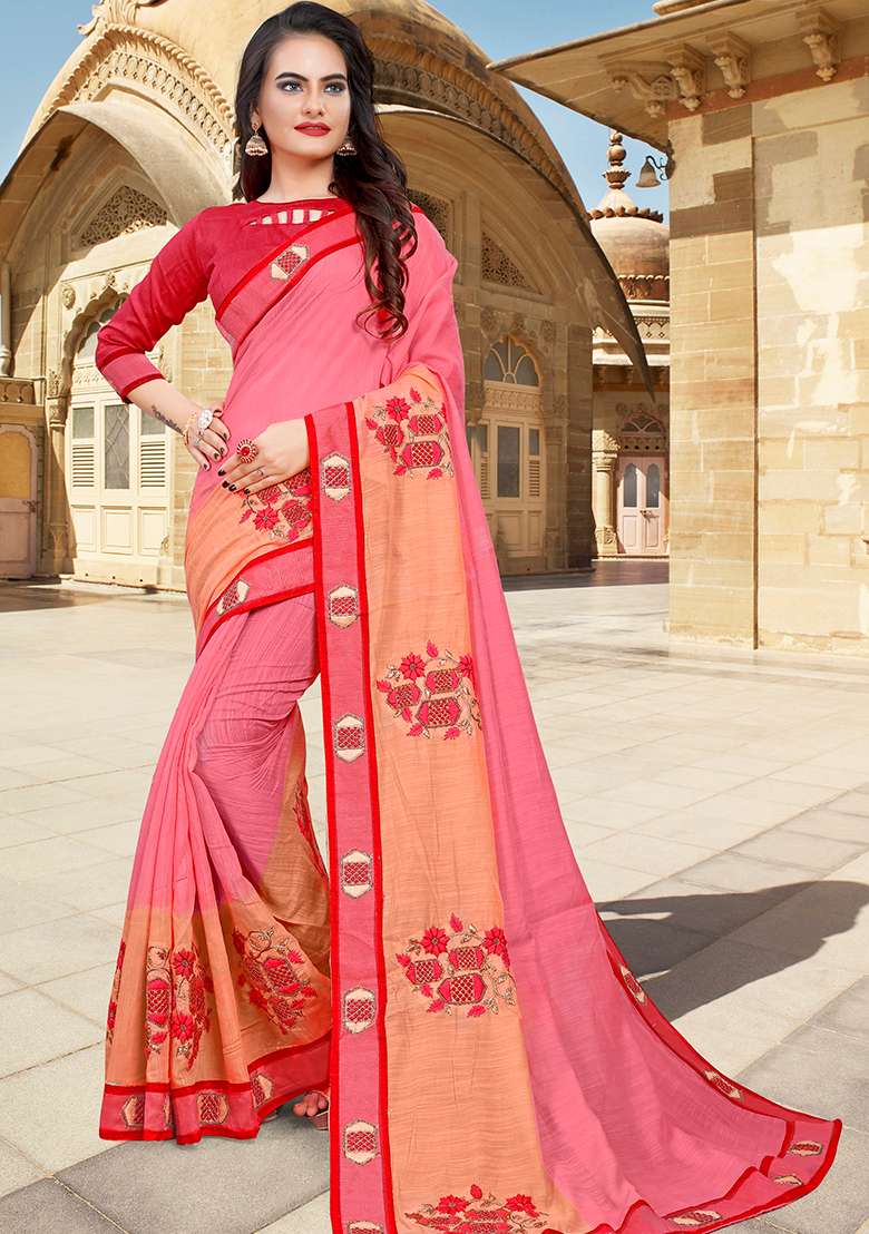Gajari Peach Silk Blend Saree Set with Embroidery for Diwali | Wedding & Festive Wear - Indya