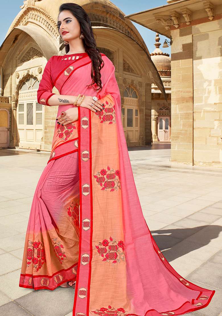 Gajari Peach Silk Blend Saree Set with Embroidery for Diwali | Wedding & Festive Wear - Indya