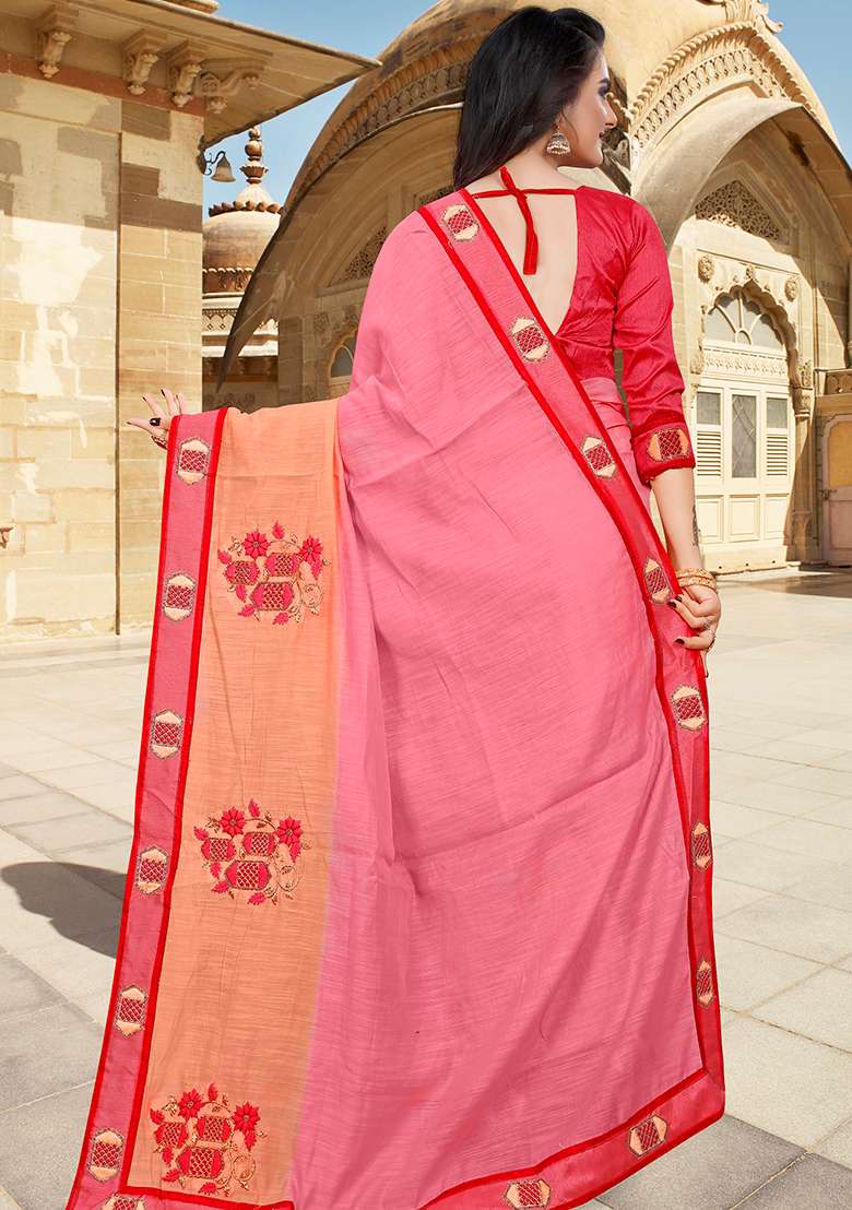 Gajari Peach Silk Blend Saree Set with Embroidery for Diwali | Wedding & Festive Wear - Indya