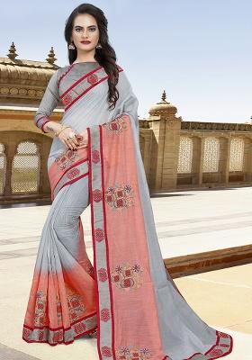 Grey Peach Embroidery Silk Saree Set