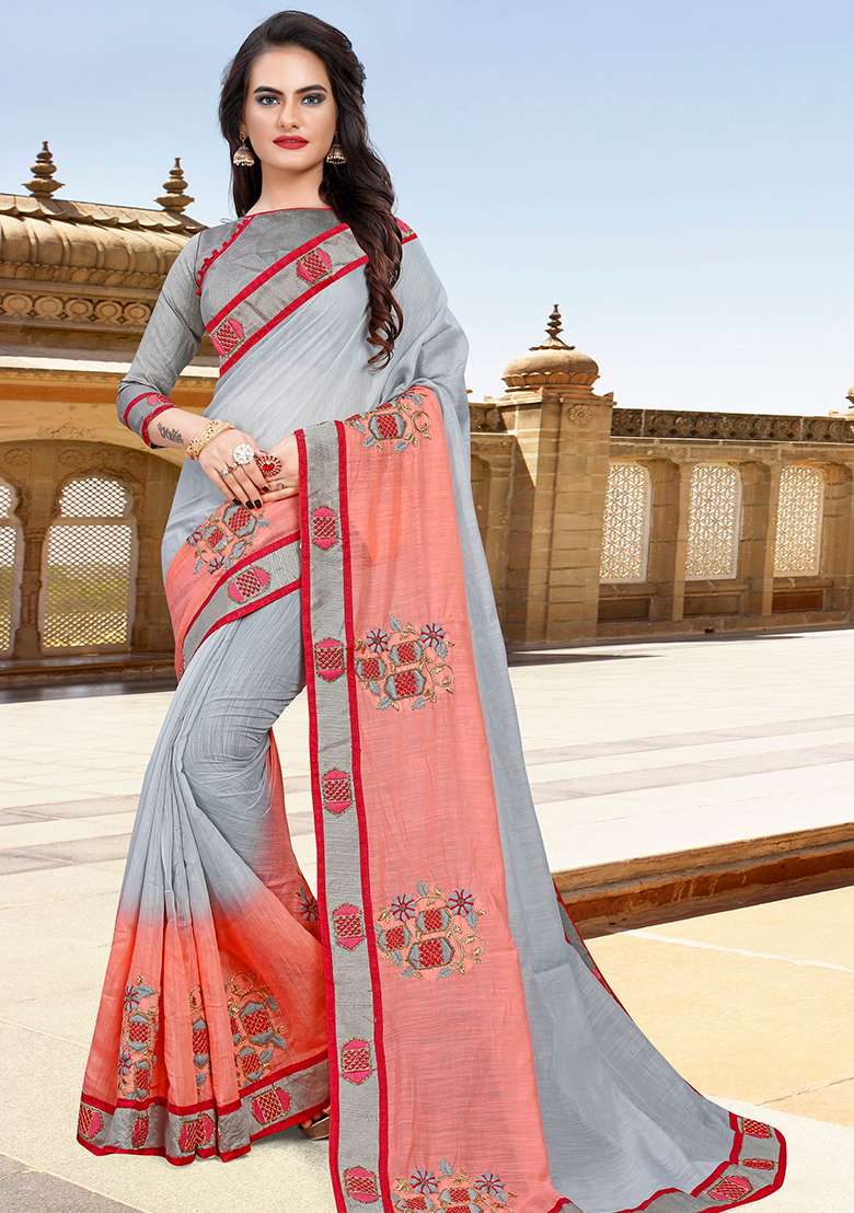 Grey Peach Silk Blend Saree Set with Embroidery for Diwali | Wedding & Festive Wear - Indya
