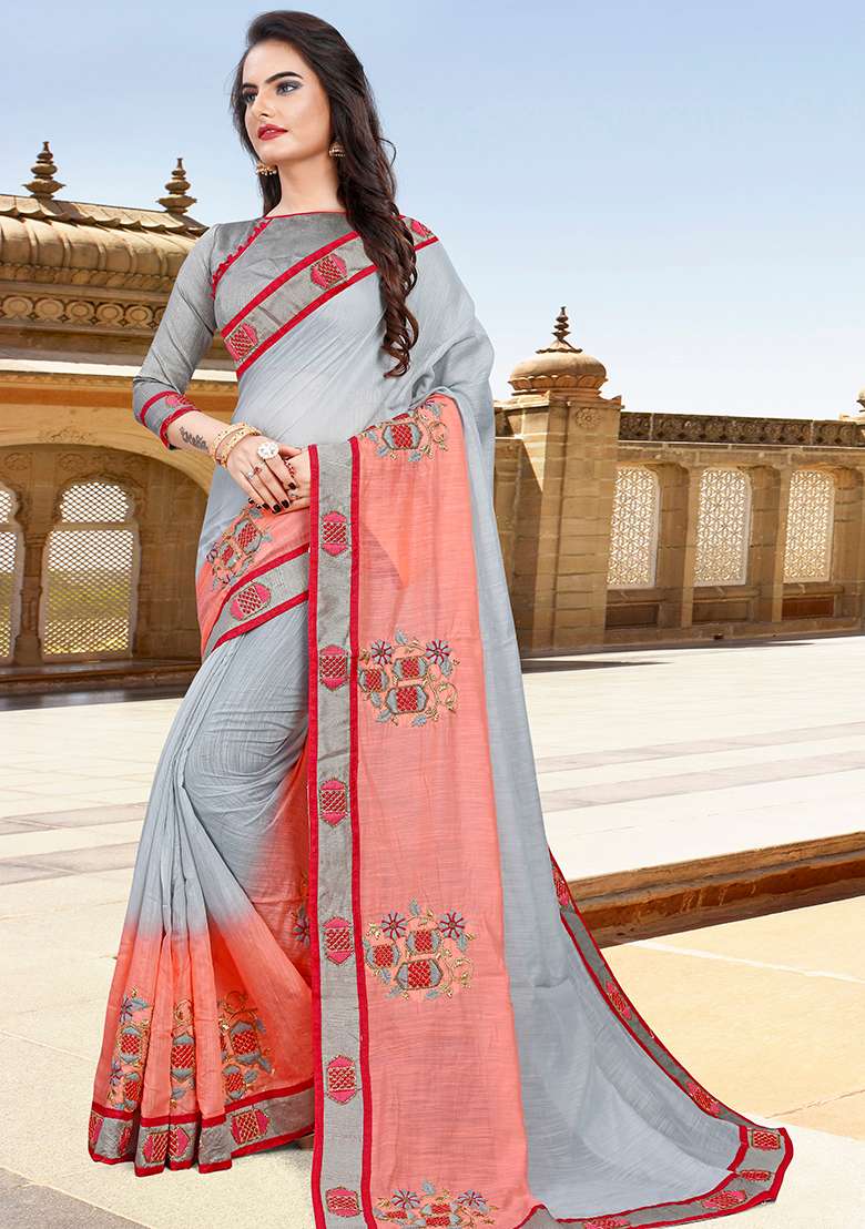 Grey Peach Silk Blend Saree Set with Embroidery for Diwali | Wedding & Festive Wear - Indya
