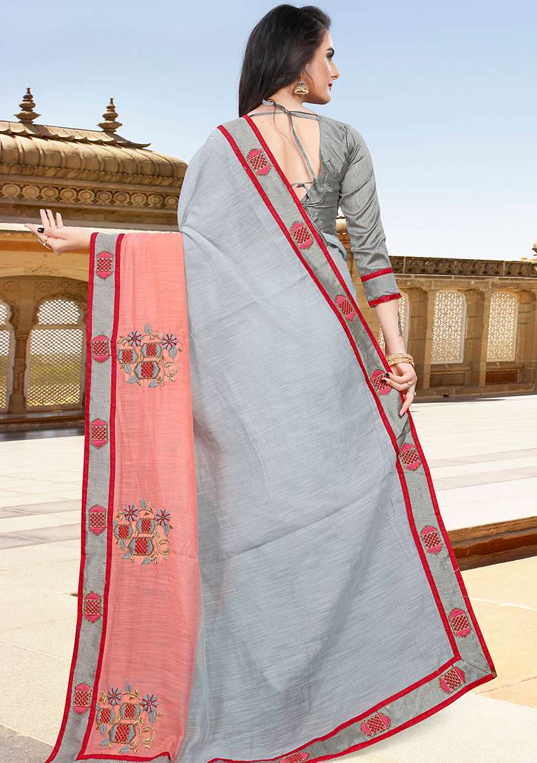 Grey Peach Silk Blend Saree Set with Embroidery for Diwali | Wedding & Festive Wear - Indya