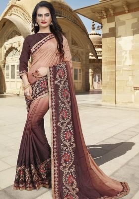 Peach Coffee Embroidery Silk Saree Set