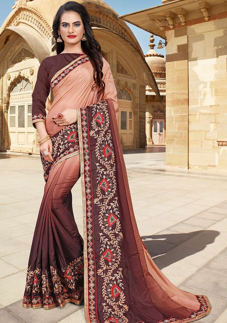 Peach Coffee Embroidery Silk Blend Saree Set for Diwali and Festive Wear - Indya
