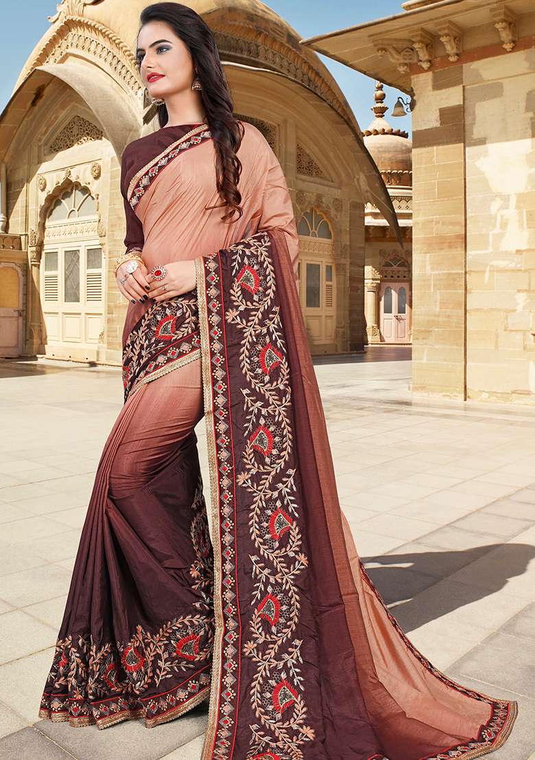 Peach Coffee Embroidery Silk Blend Saree Set for Diwali and Festive Wear - Indya