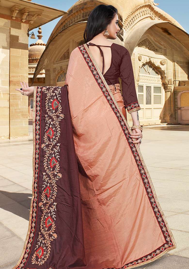 Peach Coffee Embroidery Silk Blend Saree Set for Diwali and Festive Wear - Indya