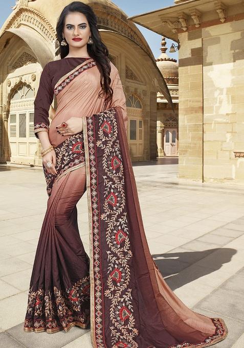 Peach Coffee Embroidery Silk Saree Set