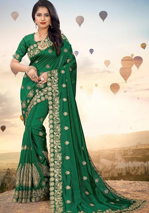 Bottel Green Embroidery Silk Saree Set