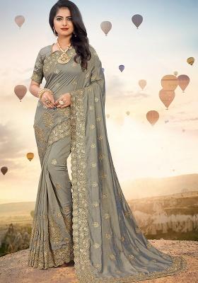 Grey Embroidery Silk Saree Set