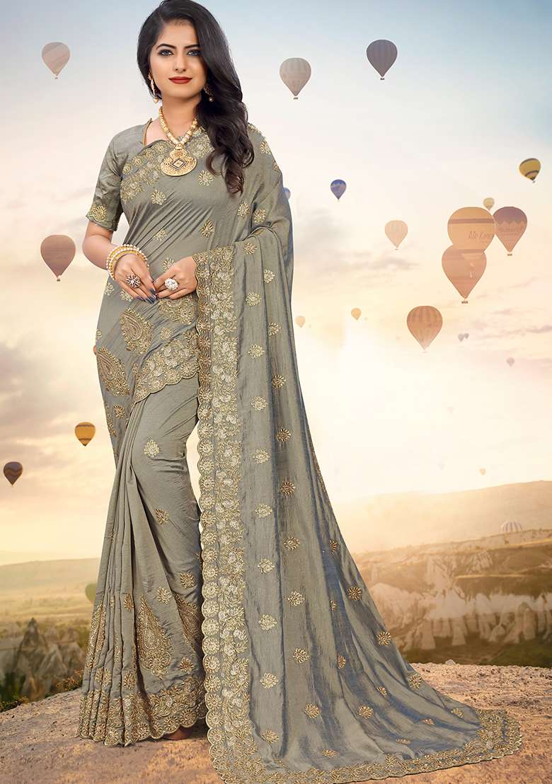 Grey Silk Blend Saree Set with Embroidery for Diwali | Wedding & Festive Wear - Indya