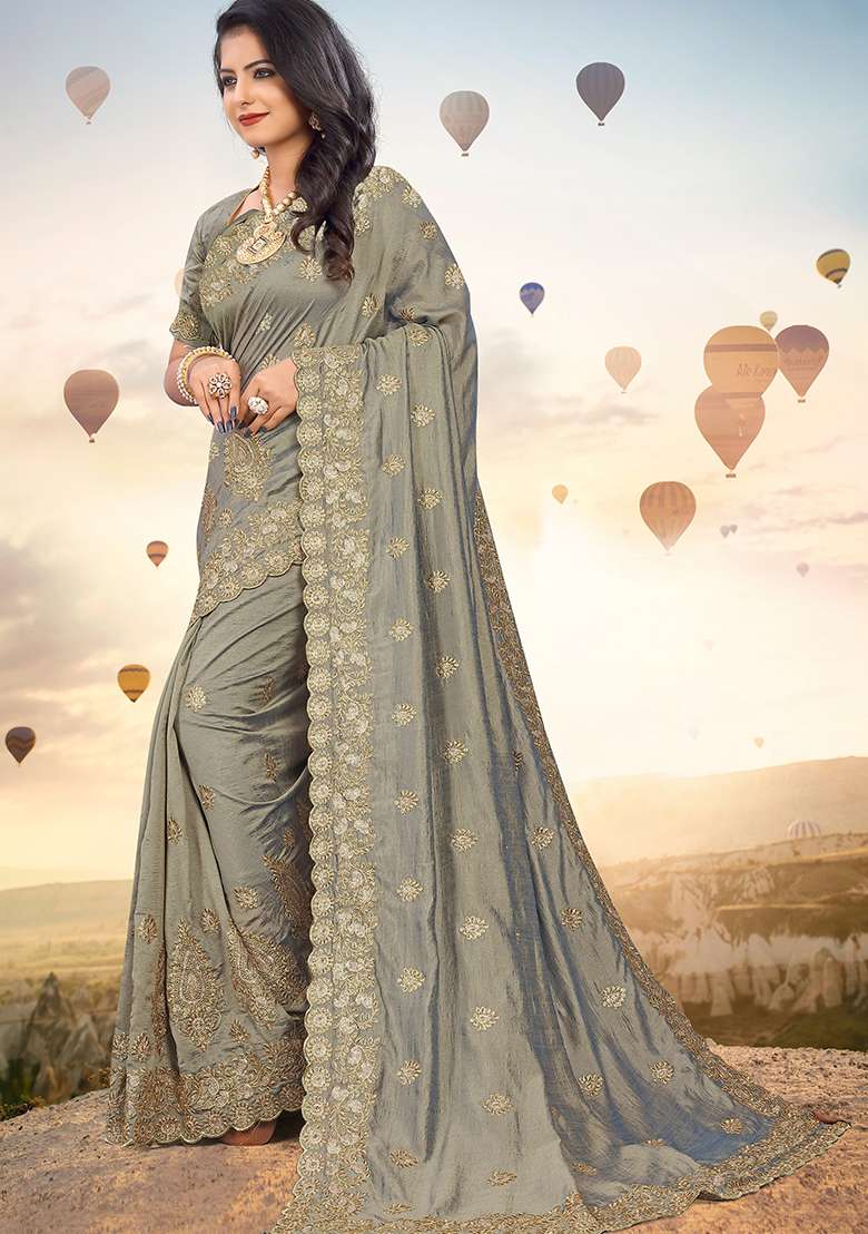 Grey Silk Blend Saree Set with Embroidery for Diwali | Wedding & Festive Wear - Indya