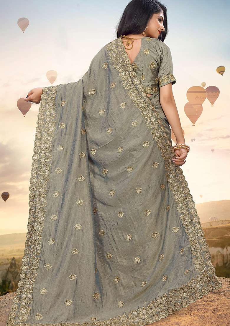 Grey Silk Blend Saree Set with Embroidery for Diwali | Wedding & Festive Wear - Indya