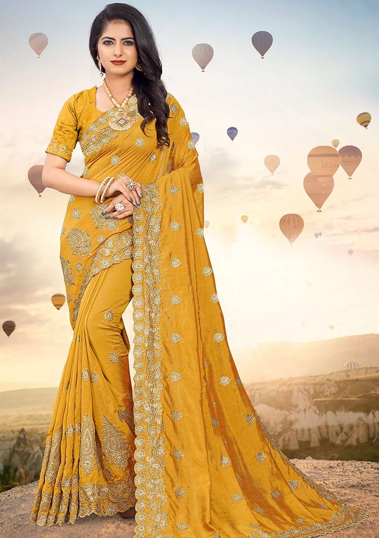 Mustrad Silk Blend Saree Set with Embroidery for Diwali | Wedding & Festive Wear - Indya