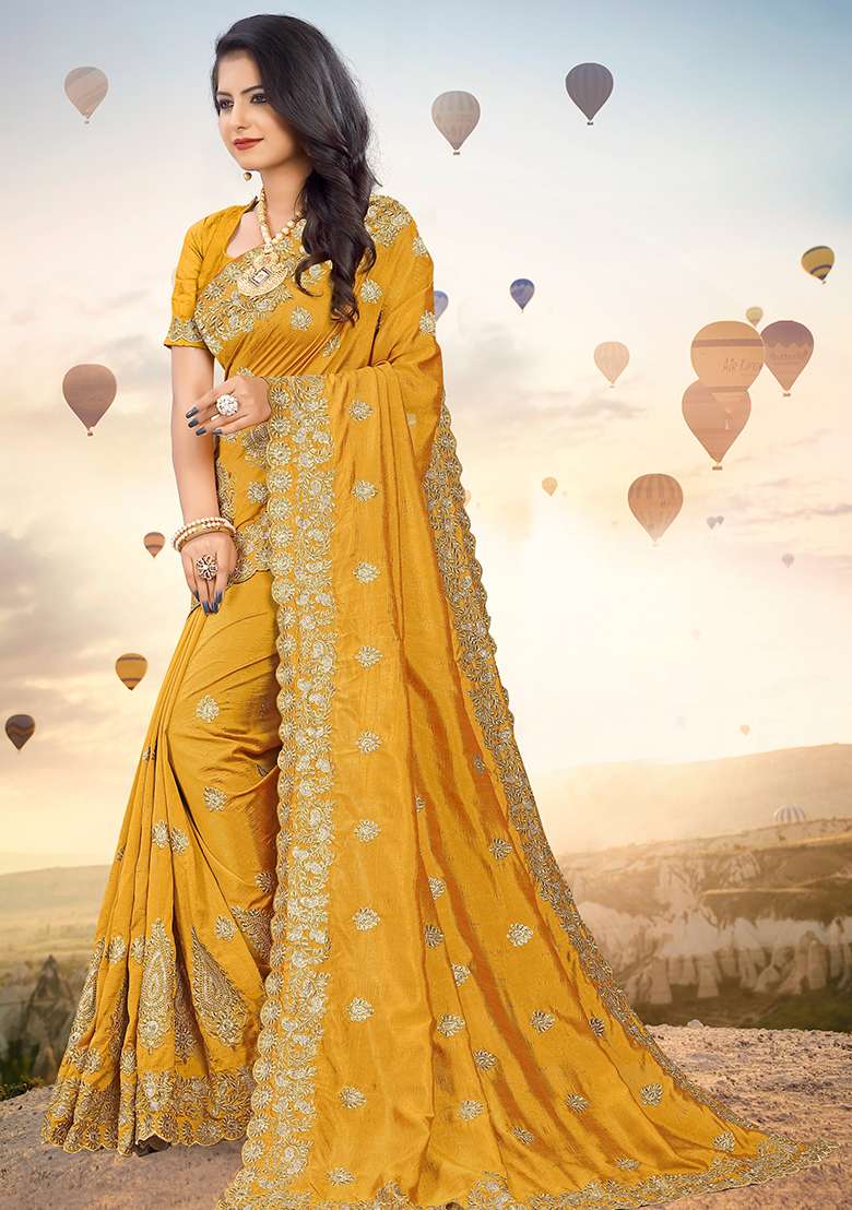 Mustrad Silk Blend Saree Set with Embroidery for Diwali | Wedding & Festive Wear - Indya