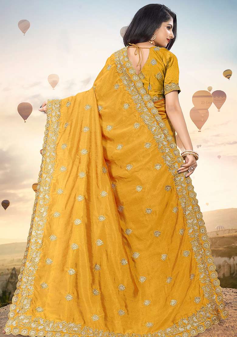 Mustrad Silk Blend Saree Set with Embroidery for Diwali | Wedding & Festive Wear - Indya
