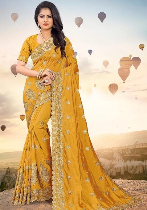 Mustrad Embroidery Silk Saree Set
