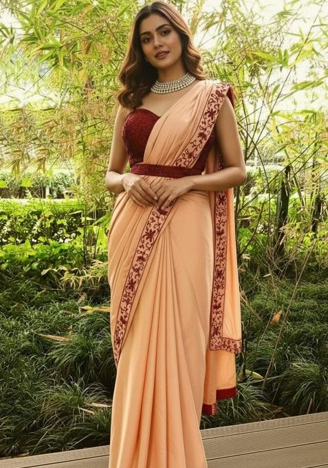 Peach Embroidery Blended Saree Set