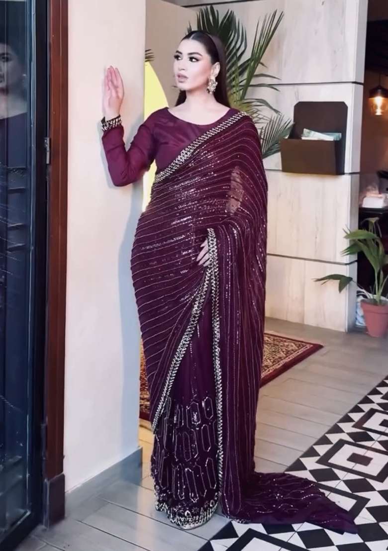 Wine Embroidery Silk Blend Saree Set for Diwali and Festive Wear - Indya