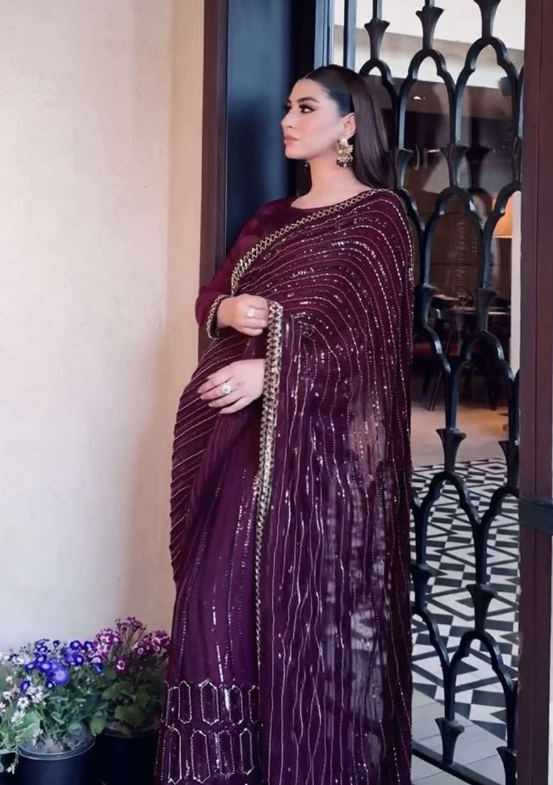 Wine Embroidery Silk Blend Saree Set for Diwali and Festive Wear - Indya