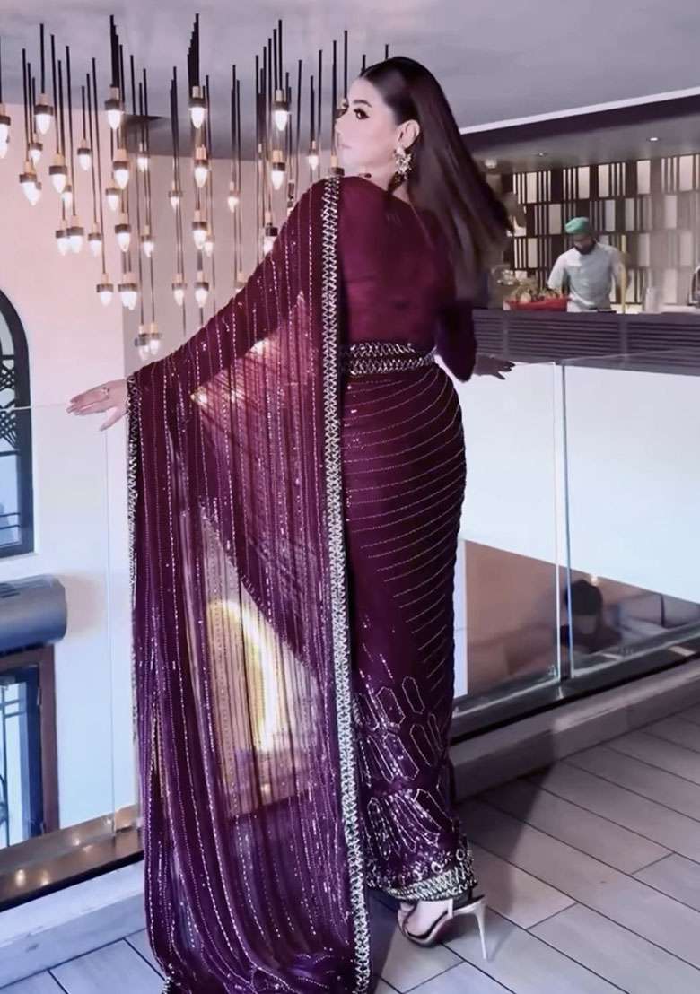 Wine Embroidery Silk Blend Saree Set for Diwali and Festive Wear - Indya