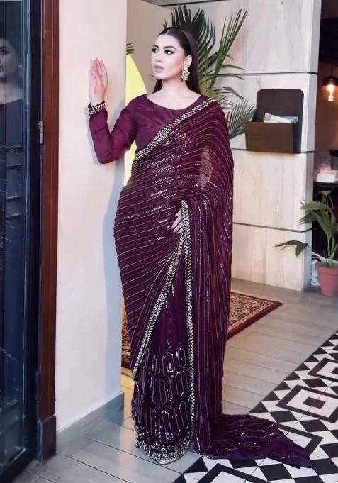 Wine Embroidery Silk Saree Set