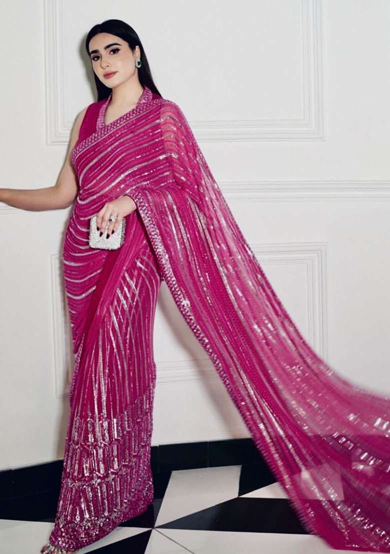 Pink Embroidery Georgette Saree Set for Diwali and Festive Wear - Indya