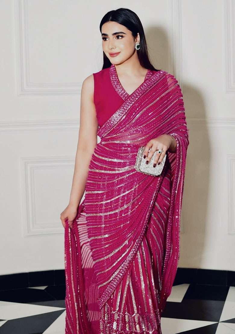 Pink Embroidery Georgette Saree Set for Diwali and Festive Wear - Indya