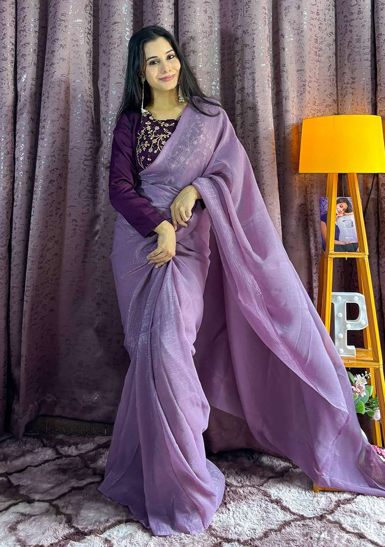 Purple Silk Blend Saree Set with Embroidery for Diwali | Wedding & Festive Wear - Indya